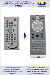 Controle Remoto Compativel  Dvd Lenoxx Dv 435 Fbt 402