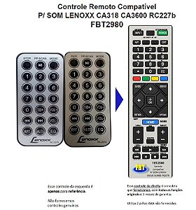 Controle Remoto Compatível LENOXX CAIXA AMPLIFICADA CA318 CA3600 RC227B FBT2980