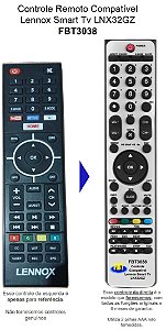 Controle Remoto Compatível Tv Lennox Lnx32Gz FBT3038