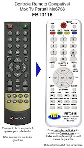 Controle Remoto Compatível Mox Tv Portátil Mo6708 FBT3116