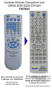 Controle Remoto Compatível com GRAD SOM G230 CR1624 FBT681