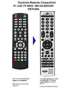 Controle Remoto Compatível P/ LCD TV MOX MO-DLED3201 FBT3394