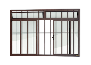 Janela de Alumínio Marrom Corten 4 Folhas com Bandeira e Grade - 100x120