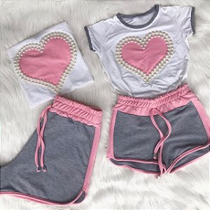 Conjunto coração rosa bordado mãe e filha