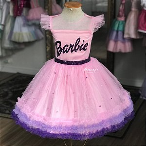 Vestido Infantil Barbie Rosa e Roxo com Brilho e Pérola