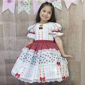 Vestido Infantil Estampado Xadrez Vermelho e Branco Com Aplicação