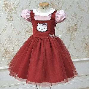 Vestido Infantil Hello Kitty Jardineira Vermelho e Rosa