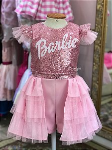 Macacão com Saia Aberta Infantil Barbie Rosa Paetê