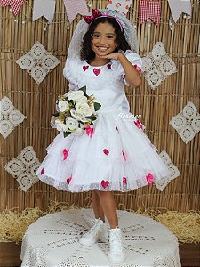 Vestido Infantil Festa Junina Noiva Laços e Corações