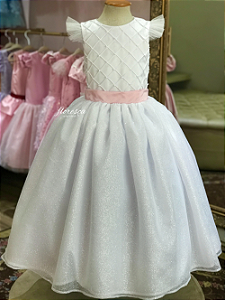 Vestido Infantil Daminha Sofia Branco E Rosa