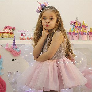 Vestido Infantil Unicórnio Glitter Rosa
