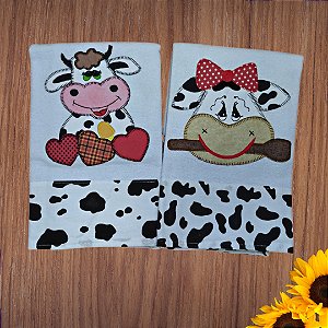 Kit com 2 Panos de Prato Brancos - Patch Aplique - Vaquinhas - Cheff e Amorosa