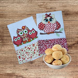 Kit com 2 Panos de Prato - brancos - Patch Aplique - Corujas