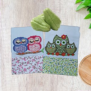 Kit com 2 Panos de Prato Brancos - PAtch Aplique - Corujas e Corujinhas
