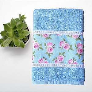Toalha de Rosto - Azul - Barrado com Estampa Digital Floral