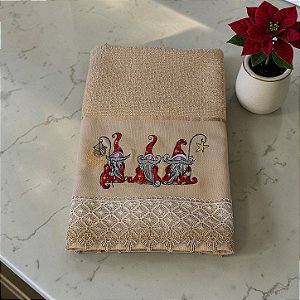 Toalha de Rosto Bordada - Bege - Gnomos de Natal