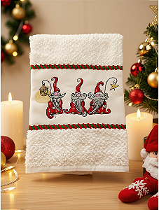 Toalha de Rosto Bordada - Branca - Gnomos de Natal