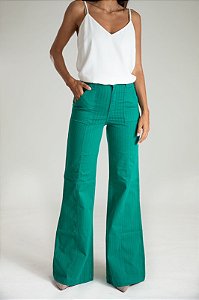 Calça Pantalona Risca de Giz Verde Bandeira - Zurique
