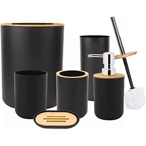 Kit Banheiro Bambu 6 Peças Preto Lixeira Escova Sanitária Porta Sabão Porta Escova De Dente
