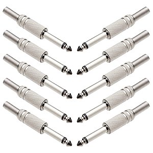 Kit 10 Plug Conectores P10 Mola Mono Áudio Vídeo Metal Niquel