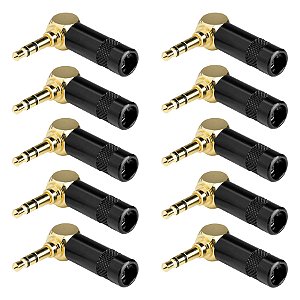 Kit 10 Conector P2 Gold Plug Estéreo 90 Graus Ponta Dourado