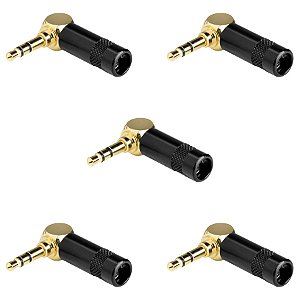 Kit 05 Conector P2 Gold Plug Estéreo 90 Graus Ponta Dourado