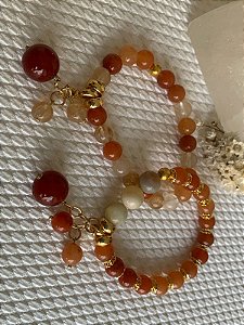 Conjunto Pulseiras Calcita Laranja, Amazonita e Rutilo