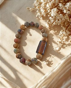 Pulseira Jaspe Madeira e Cristal