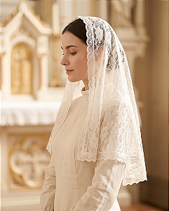 Véu Regina Caeli Tradicional – Véu Católico para Missa e Oração com presilha e Saquinho Porta véus