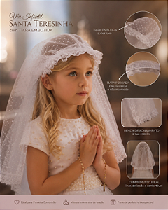 Véu Infantil Santa Teresinha com Tiara Embutida Luxo | Ideal para Primeira Comunhão e Missa