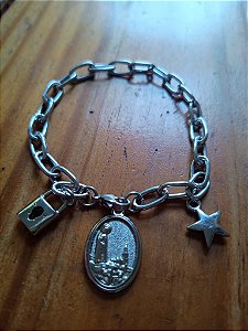 Pulseira cadeia de consagração Ave Maria Stela Virgem de Fátima em aço Luxo com medalha e pingentes
