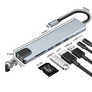 Hub Usb-C 8 em 1 Adaptador HDMI LAN SD/TF USB3.0 USB/C PD