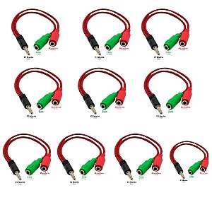 Kit 10un Cabo Adaptador de 2 -P2 para P3 P/ Fone e Microfone