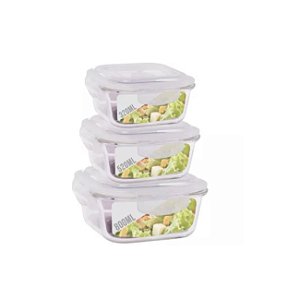 Conjunto 3 Pote Vidro Hermético 3 Tamanho Marmita Kit Quadra