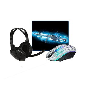 Kit Gamer Mouse Branco Knup V-14 com led, Headset e Mousepad
