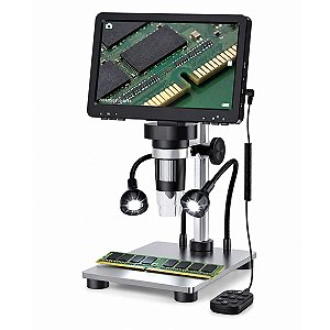 Microscópio Digital 1200X Tela 7 Polegadas 8 Luzes Led Bateria Recarregável