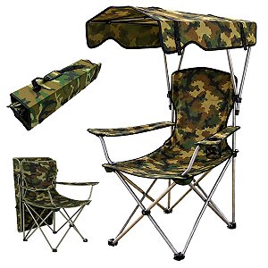 Cadeira Camping Praia Pesca Portátil 150kg Camuflada com Teto e Porta Copos