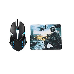 Kit Mouse Gamer Com Led Preto  e Mousepad Warfare