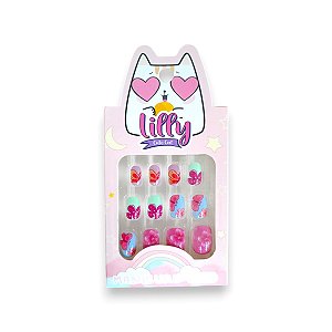 Kit 12 Unhas Postiças Infantil Flor - Lilly Cute Cat