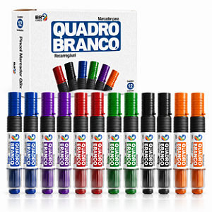 Caixa com 12 Marcadores BR Cores QBX Recarregáveis para Quadro Branco – 6 Cores Sortidas