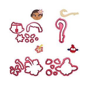 Kit 4 Cortadores Moana Anzol Galo Hey Hey Flor