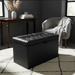 Puff Baú Retangular Estofado Com Pistão á Gás Para Sala, Quarto e recepção - Preto Corino