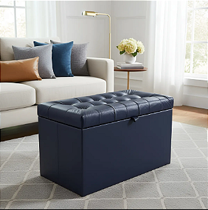 Puff Baú Retangular Estofado Com Pistão á Gás Para Sala, Quarto e recepção - Azul Marinho Corino