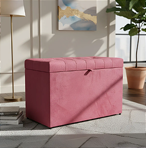 Puff Baú Retangular Estofado Com Pistão á Gás Para Sala, Quarto e recepção - Rosa Pink