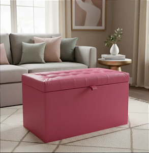 Puff Baú Retangular Estofado Com Pistão á Gás Para Sala, Quarto e recepção - Rosa Pink Corino