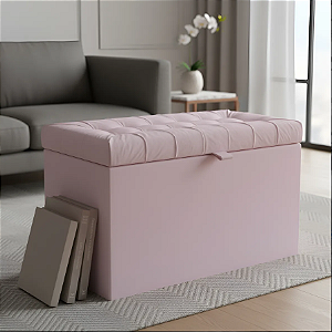 Puff Baú Retangular Estofado Com Pistão á Gás Para Sala, Quarto e recepção - Rosa Claro Corino