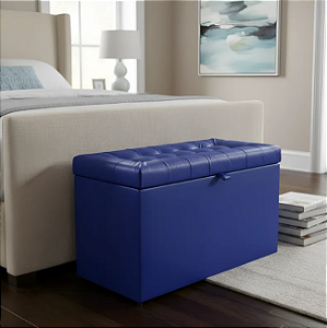 Puff Baú Retangular Estofado Com Pistão á Gás Para Sala, Quarto e recepção - Azul Royal Corino