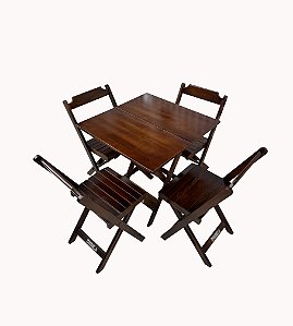Conjunto Mesa Dobrável 70x70 Com 4 Cadeiras Em Madeira Maciça - Marrom Imbuia