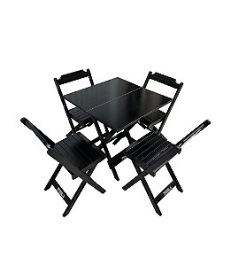 Conjunto Mesa Dobrável 70x70 Com 4 Cadeiras Em Madeira Maciça - Preto