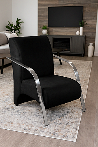 Poltrona Decorativa Com Braços em Alumínio Para Sala, Recepção e Escritórios - Preto Corino